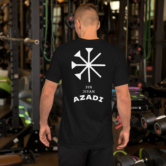 Schwarzes T-Shirt Rückansicht mit weißem Sonnensymbol und Text JIN JIYAN AZADI - Yezidisches Design