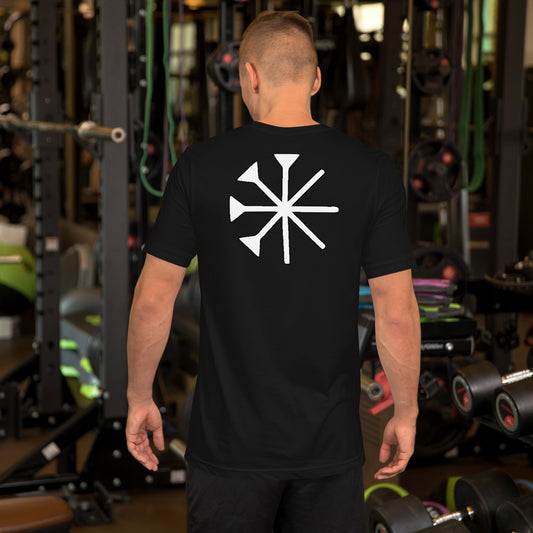 schwarzes T-shirt von hinten mit yezidischen Zeichen als Backprint