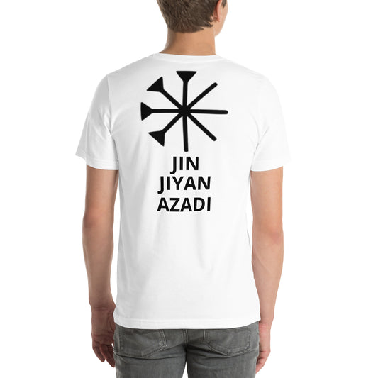 Weißes T-Shirt von hinten mit  yezidsichem Zeichen und JIN JIYAN AZADI Schriftzug - Yezidische  Kultur