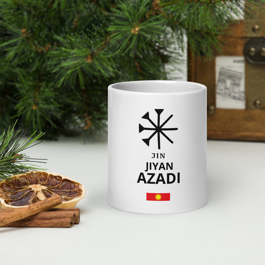 Weiße Tasse mit Lalish Tempel Motiv, Sicht von vorne - Yezidische Kultur